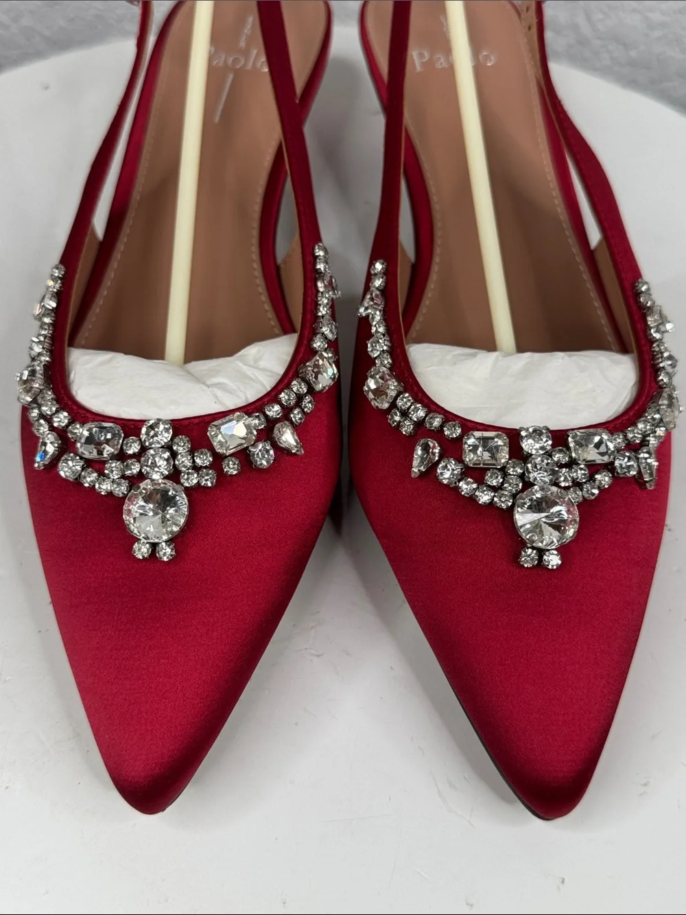 LINEA PAOLO CRYSTAL EMBELLISHED RED SATIN SLINGBACK KITTEN HEELS NIB SIZE 9.5